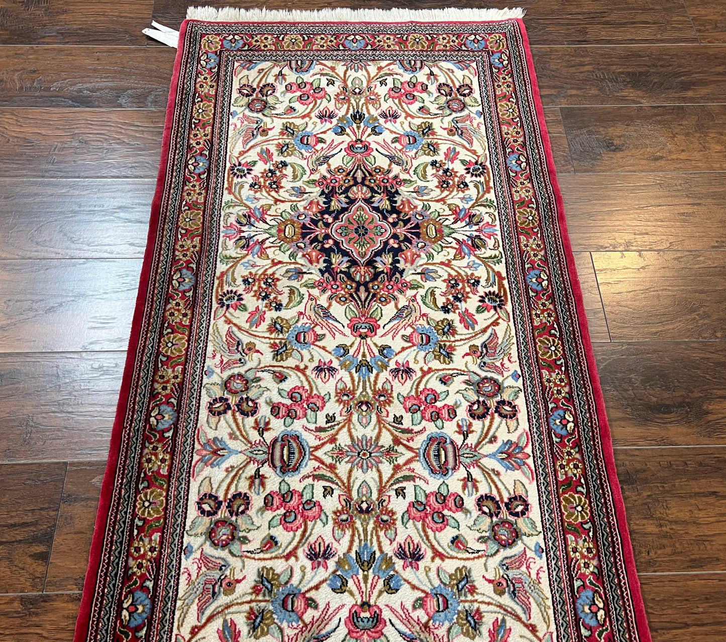 Wonderful Persian Qum Runner Rug 2.8 x 10 ft, Floral Medallions with Bird Motifs, Hand Knotted Wool Fine Oriental 10ft Hallway Runner, Cream Red - Nuvé