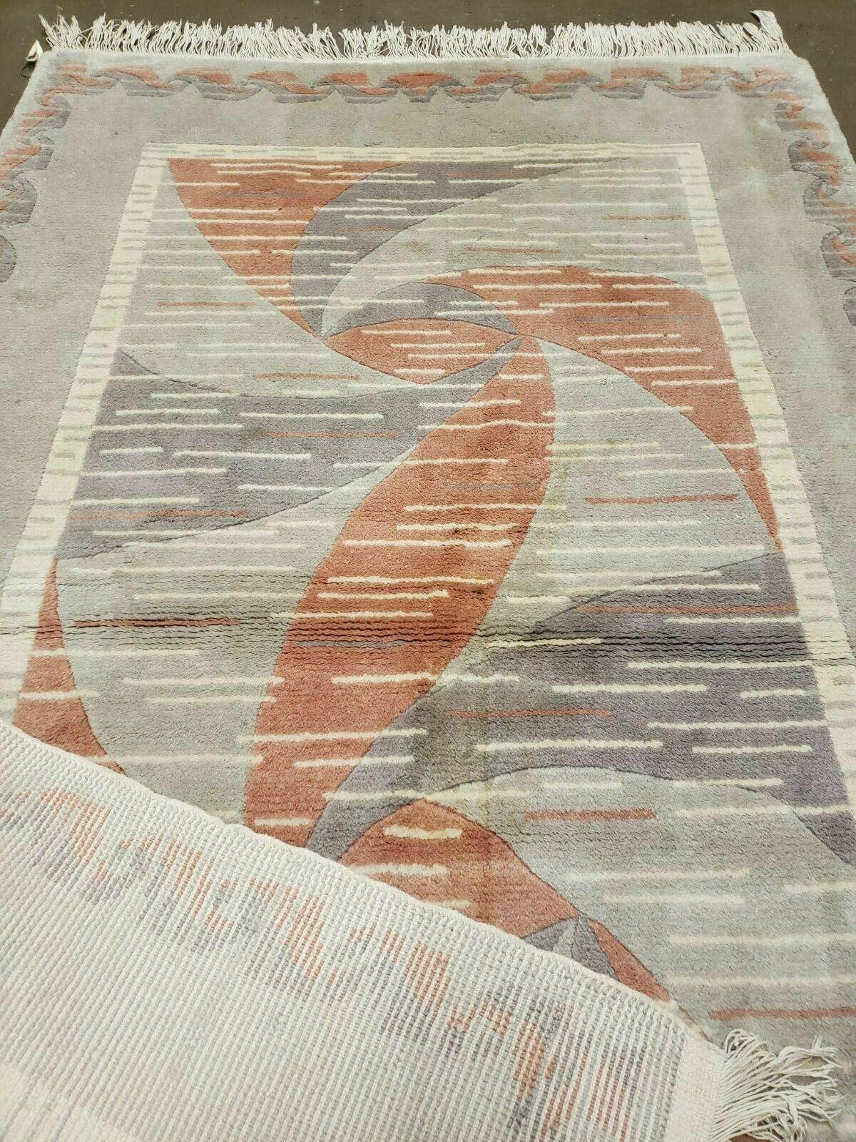3' X 5' Handmade Modern Chinese Accent Rug - Silk on Cotton Carpet - Abstract Contemporary Design - Beige and Orange - Nuvé