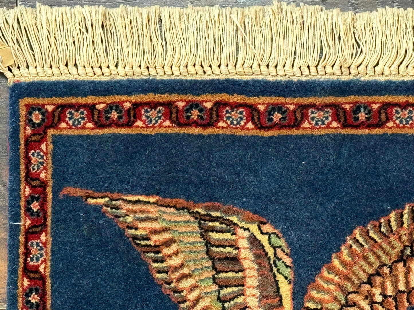 Pictorial Rug of American Flag with Bald Eagle, Small Indo Persian Pictorial Rug, Blue, Handmade, Very Fine 330 KPSI - Nuvé