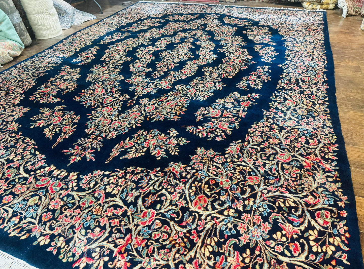 Antique Persian Kerman Rug 10x13, Navy Blue Floral Carpet, Fine 270 KPSI - Nuvé