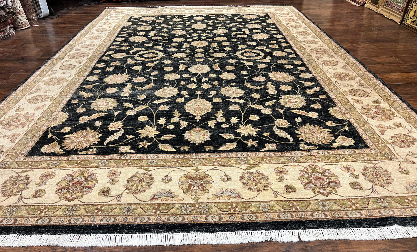 Indo Persian Rug 10x14, Charcoal and Beige, Floral Allover, Handmade Vintage Wool Carpet - Nuvé