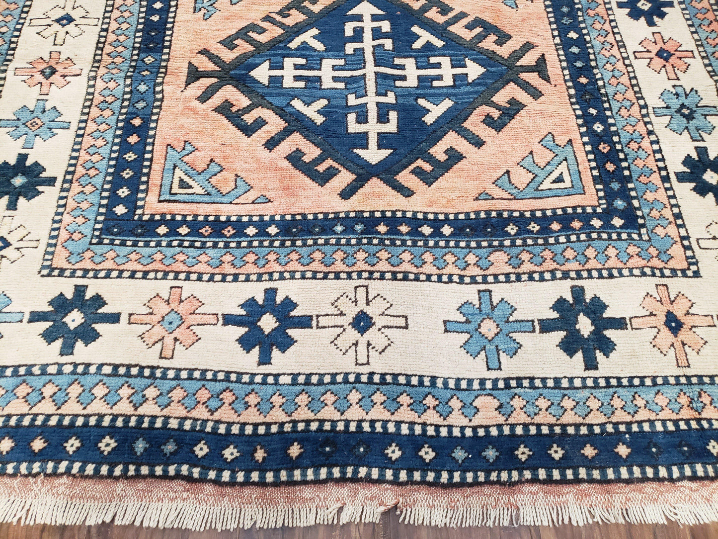 Turkish Kazak Rug 5x8 ft, Bold Geometric Bohemian Carpet, Blue and Ivory Hand Knotted Area Rug, Medium Sized High Quality Wool Oriental Rug - Nuvé