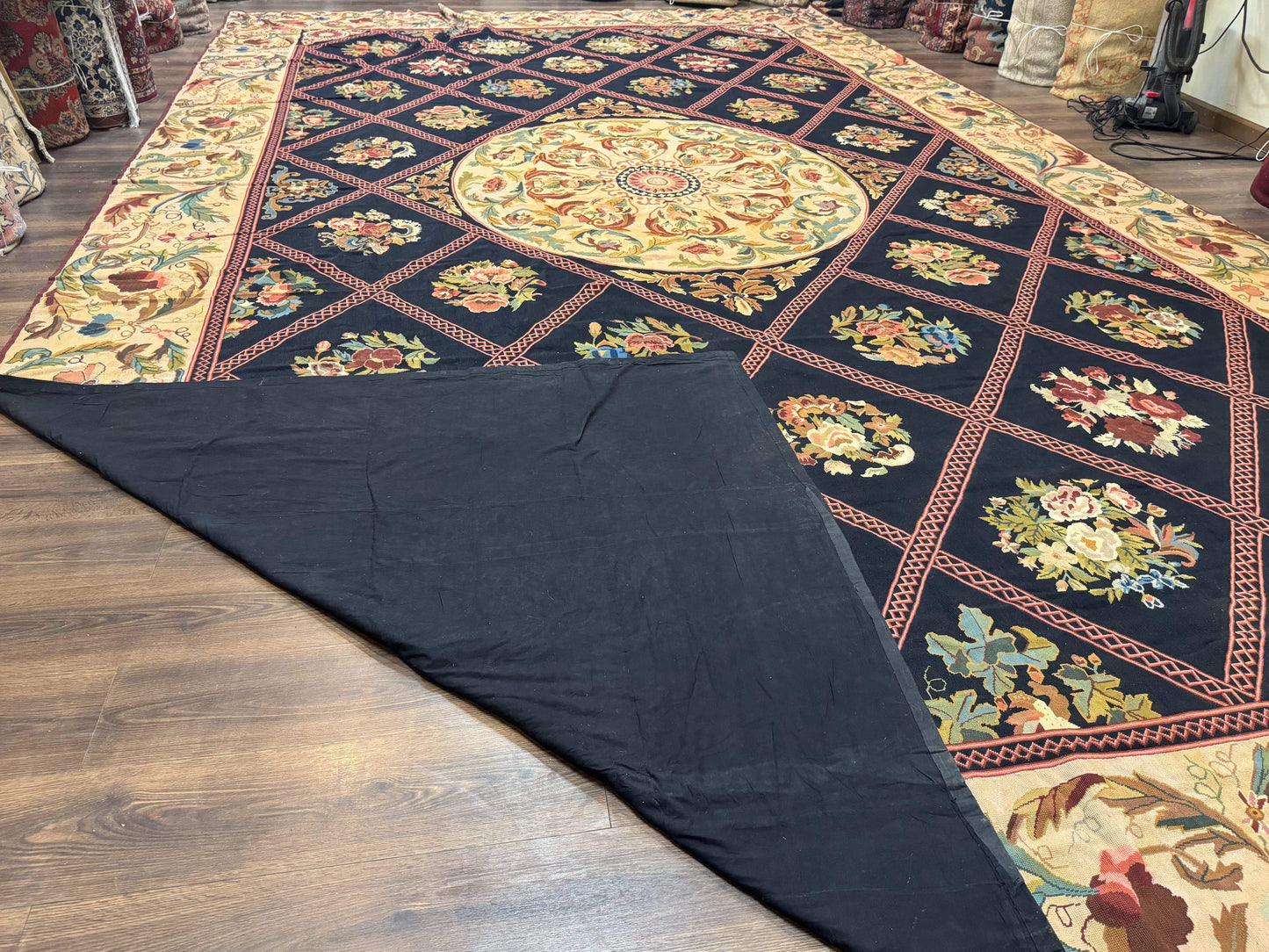 Palace Size Needlepoint Rug 12x20, European French English Aubusson Floral Design, Black and Beige - Nuvé