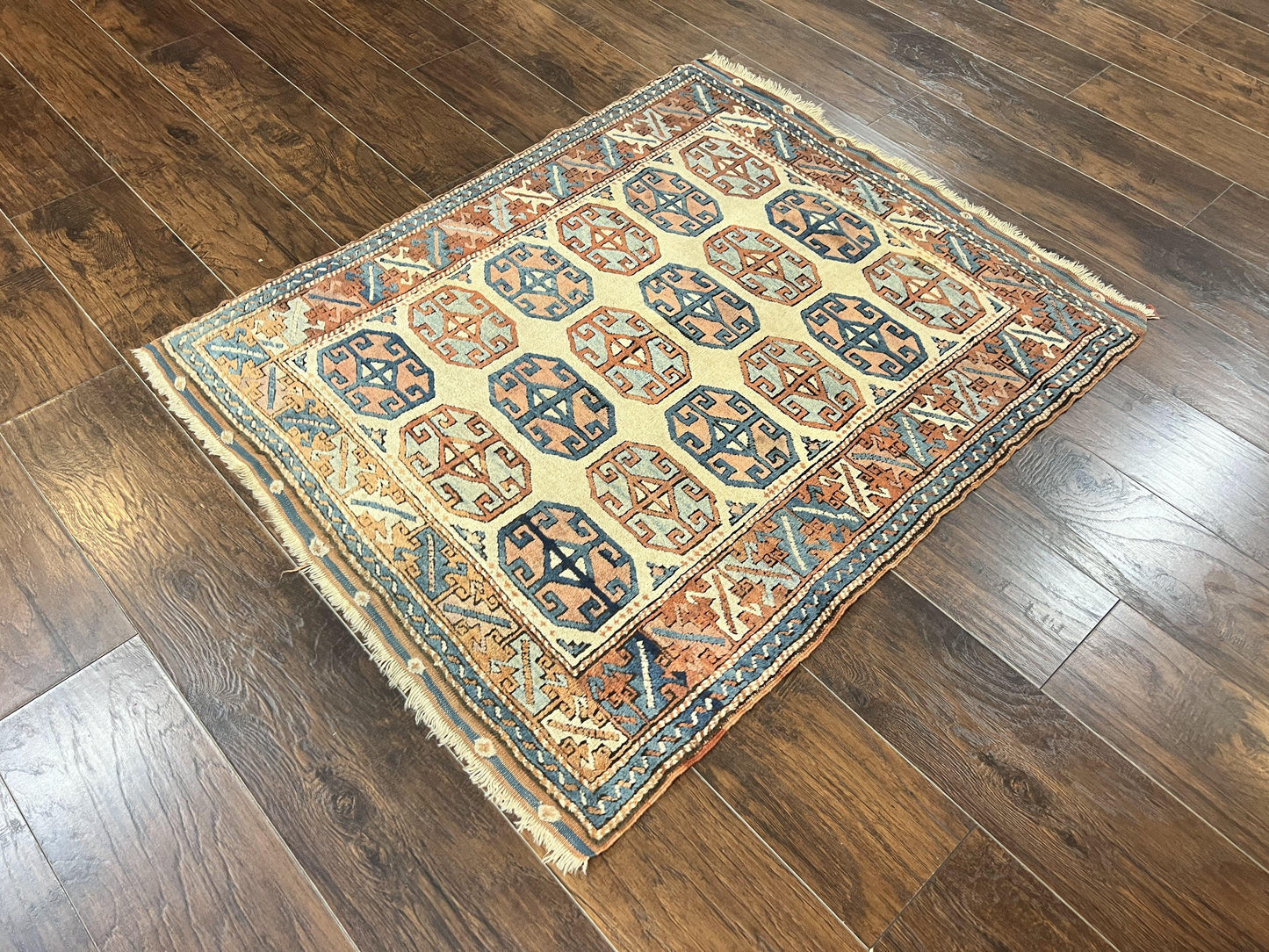 Turkish Kazak Rug 3x4, Wool Hand Knotted Handmade Vintage Carpet, Geometric Tribal Repeated Motif, Small 3 x 4 Antique Rug, Cream Red - Nuvé