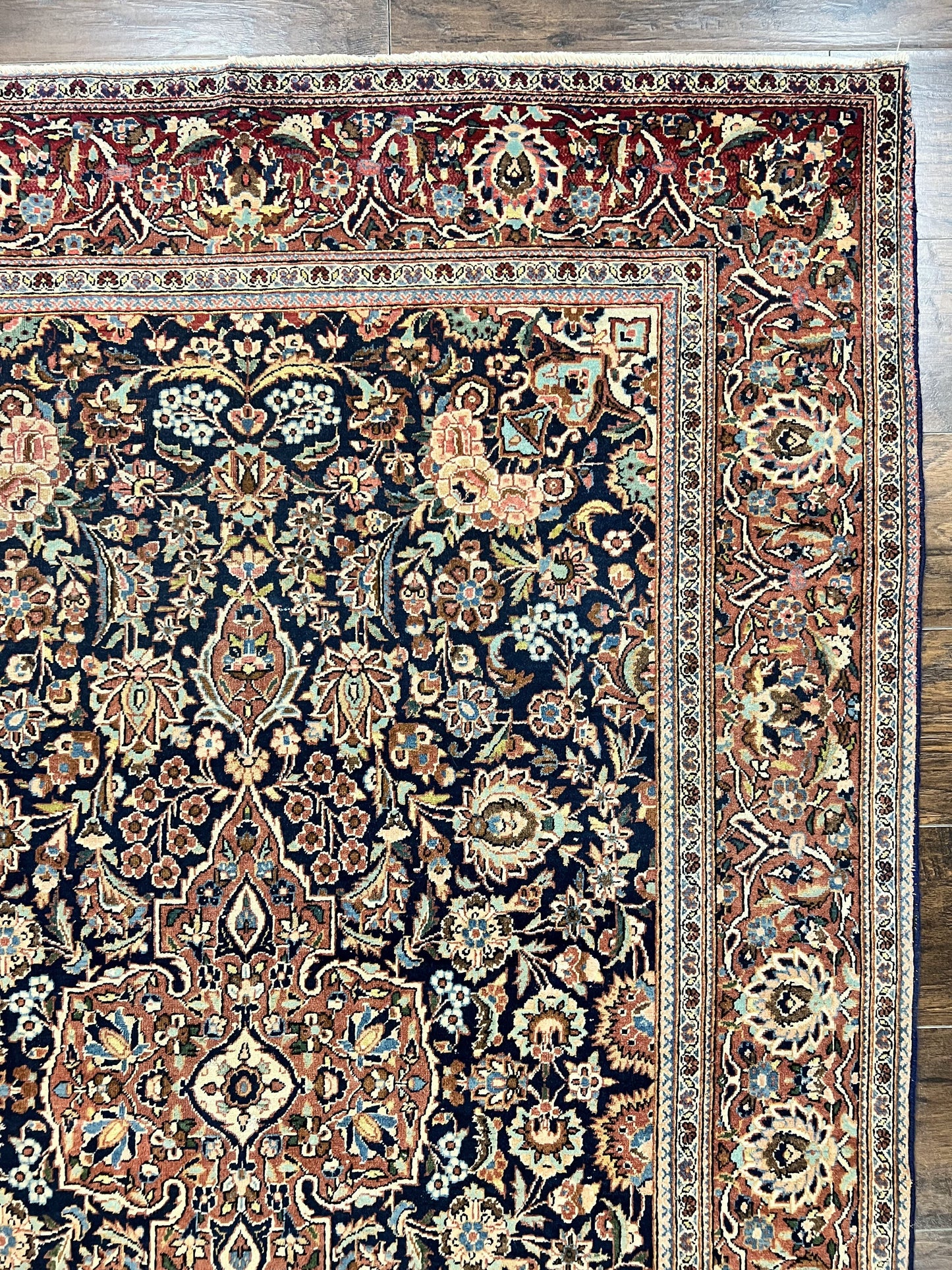 Persian Kashan Rug 4x7, Floral Medallion Vintage Handmade Hand Knotted Navy Blue & Red Wool Oriental Carpet, Highly Detailed Semi Antique Rug - Nuvé
