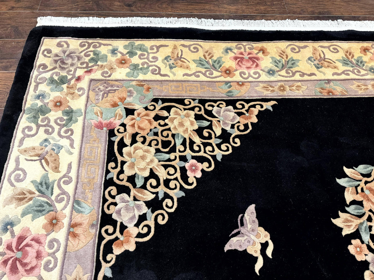 Chinese Wool Rug 9x12, Chinese Carving Carpet, Floral Medallion, Black and Beige, Butterflies, Vintage Asian Oriental Rug, 90 Line Rug - Nuvé