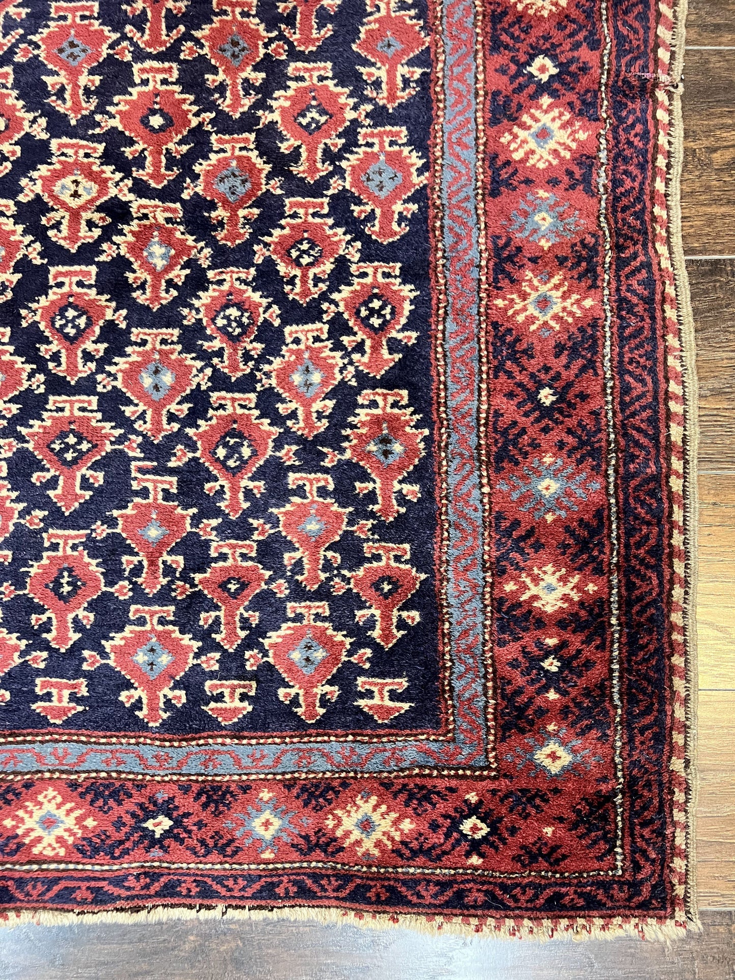 Turkish Sparta Rug 3x4, Allover Pattern, Navy Blue and Red, Antique Ispara Oriental Carpet 3 x 4, Small Turkish Handmade Vintage Wool Rug - Nuvé