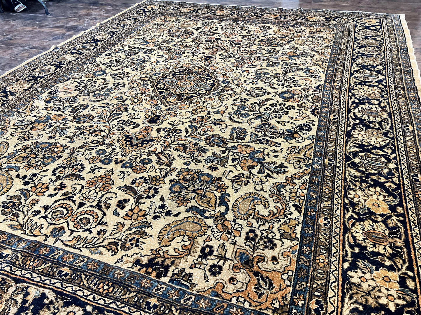 Antique Persian Rug 9x11, Wool Handmade 1920s Oriental Carpet, Persian Hamadan Anjelas Rug, Cream Black, Floral Allover Oriental Rug 9 x 11 Room Sized Rug - Nuvé