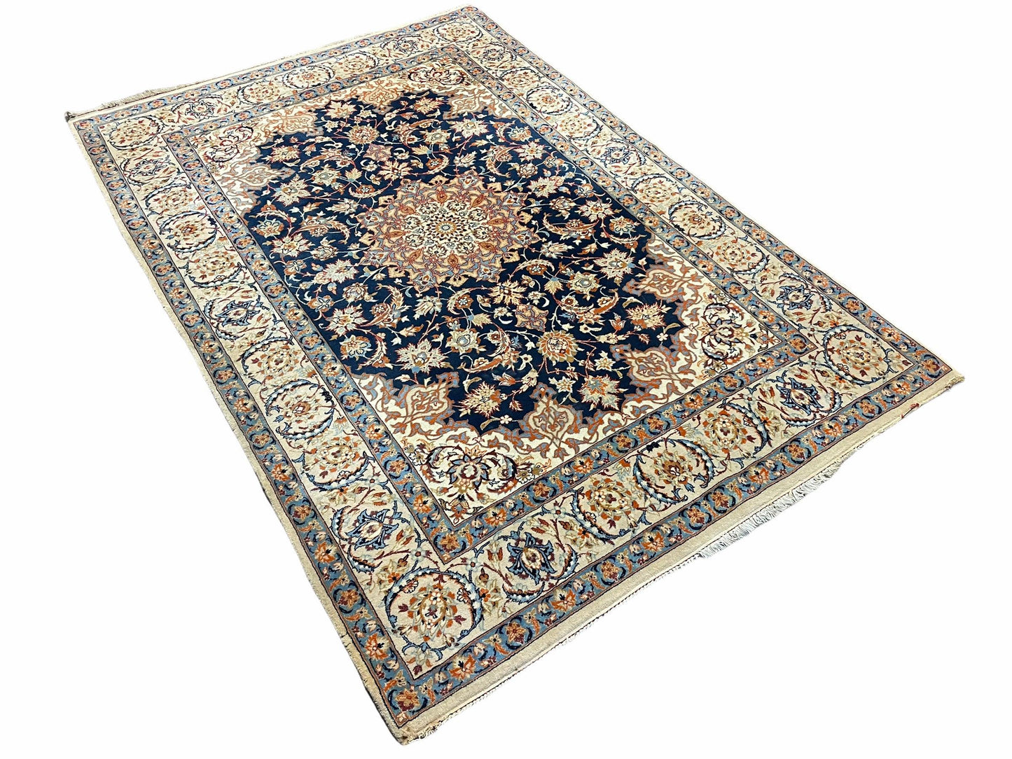 Persian Isfahan Rug 4x5, Navy Blue & Ivory, Wool and Silk Highlights - Nuvé