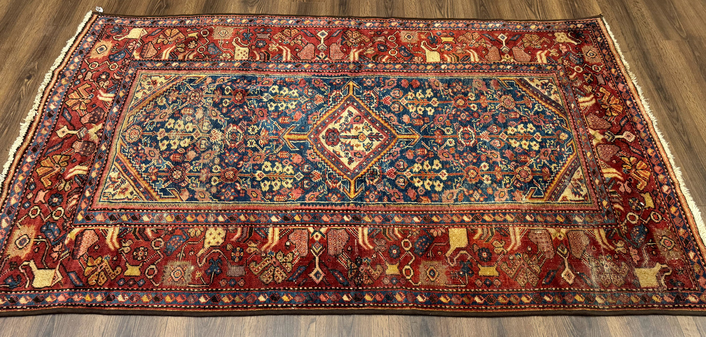 Antique Persian Rug 4x7, Blue and Red Malayer Carpet, Rare - Nuvé