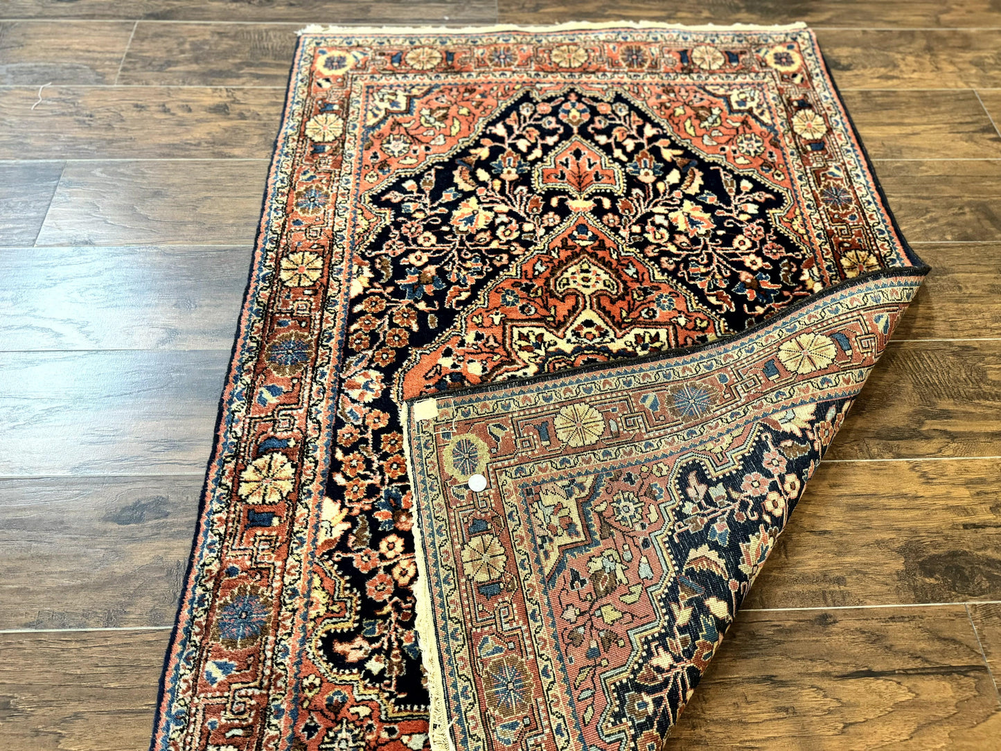Persian Sarouk Rug 3.6 x 5, Medallion Rug, Red and Midnight Blue, Handmade Semi Antique Vintage Wool Carpet - Nuvé