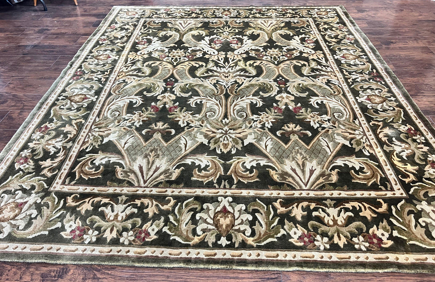 Tibetan Rug 8x10, European Design, Floral, Green, Handmade, Wool, Nepali Rug - Nuvé