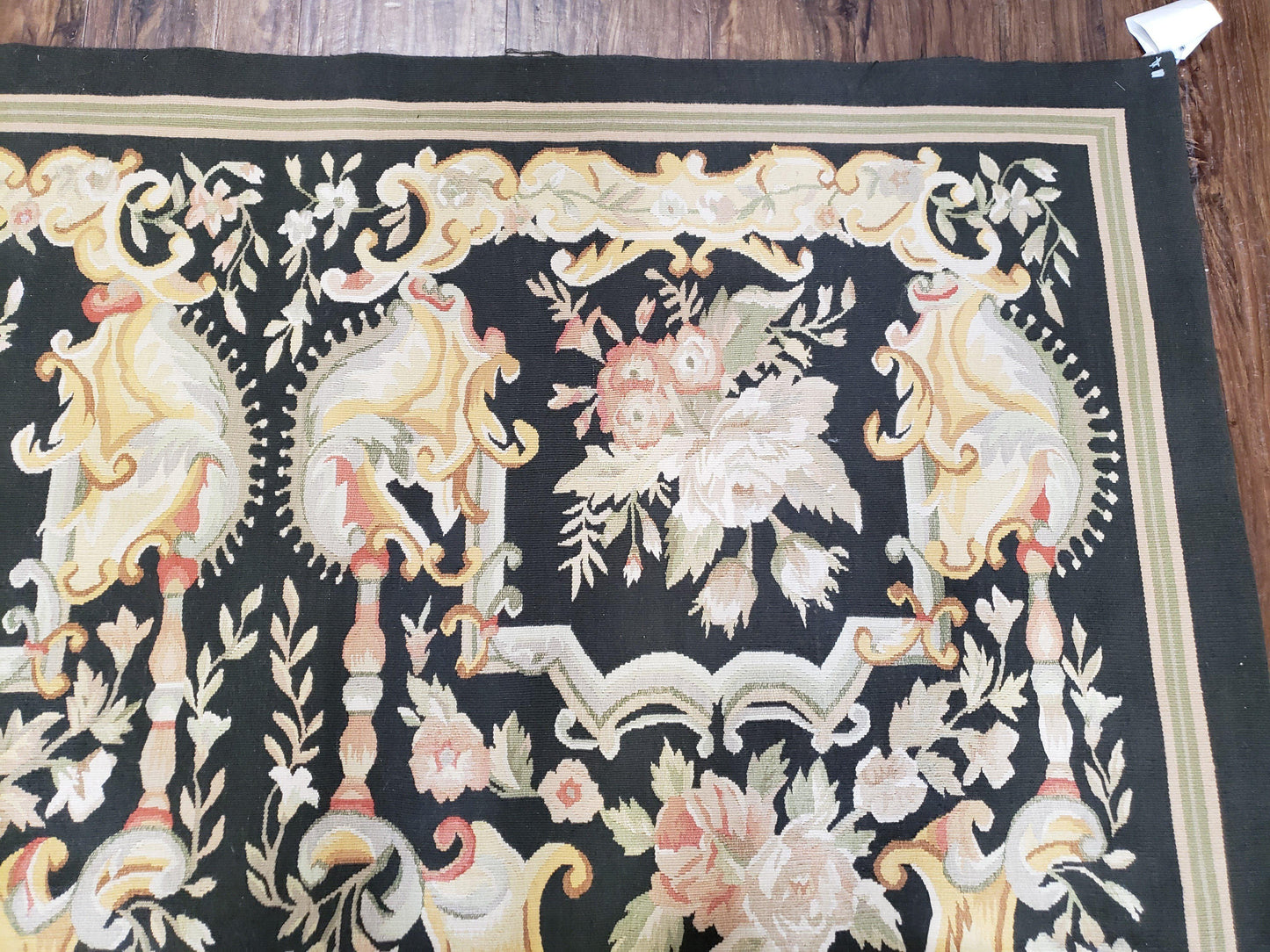 Vintage Black Aubusson Area Rug 8x10, Large Flowers Chinese Aubusson Carpet 7.9 x 10, Wool Hand-Knotted Floral Pattern Flat Weave Rug Nice - Nuvé