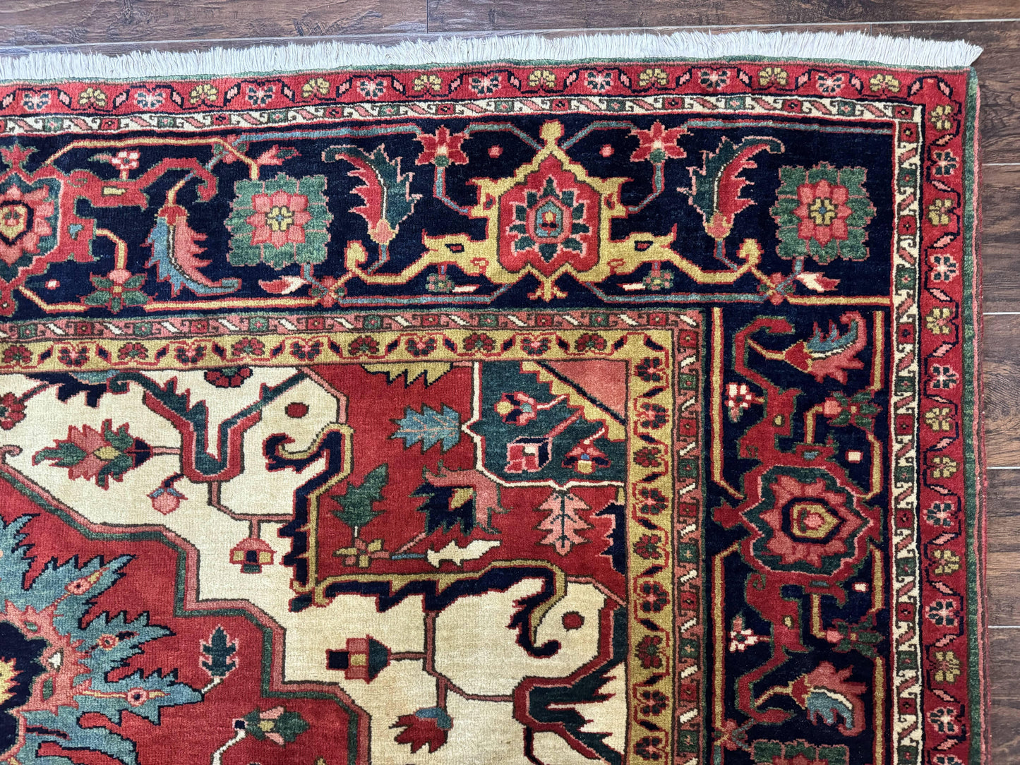 Persian Heriz Serapi Rug 8 x 10.6, Geometric Medallion, Great Colors, Rare, Red Navy Blue Ivory - Nuvé