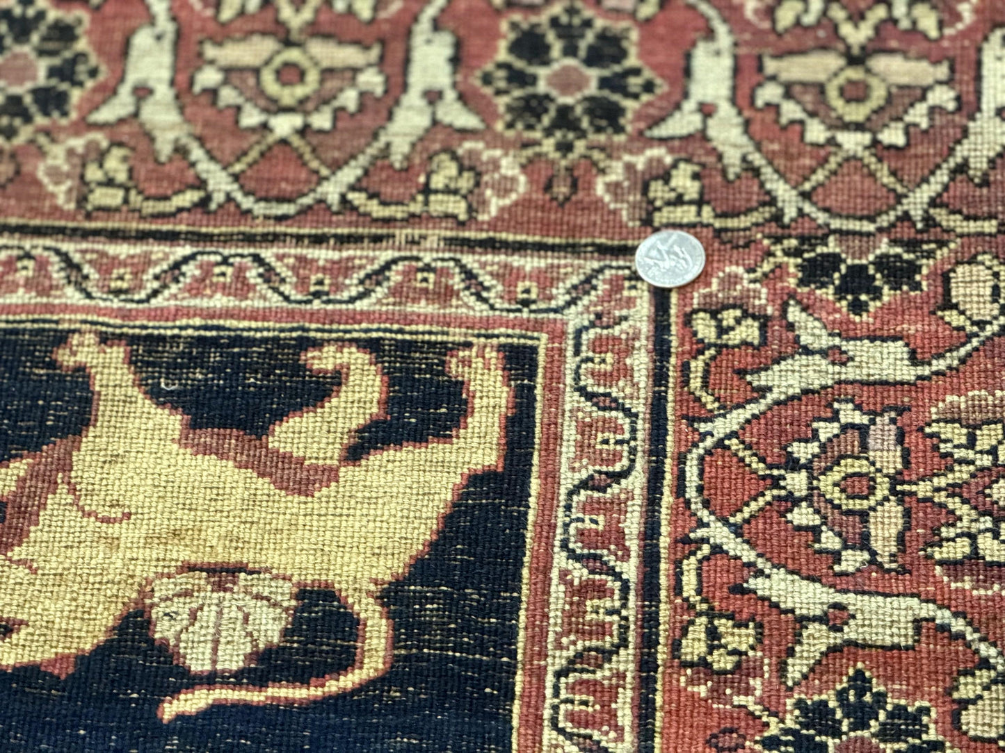 Antique Persian Mashad Rug 4x6, Semi Open Field, Navy Blue, Lion Pictorials, Triple Medallion, Dorokhsh Rug - Nuvé