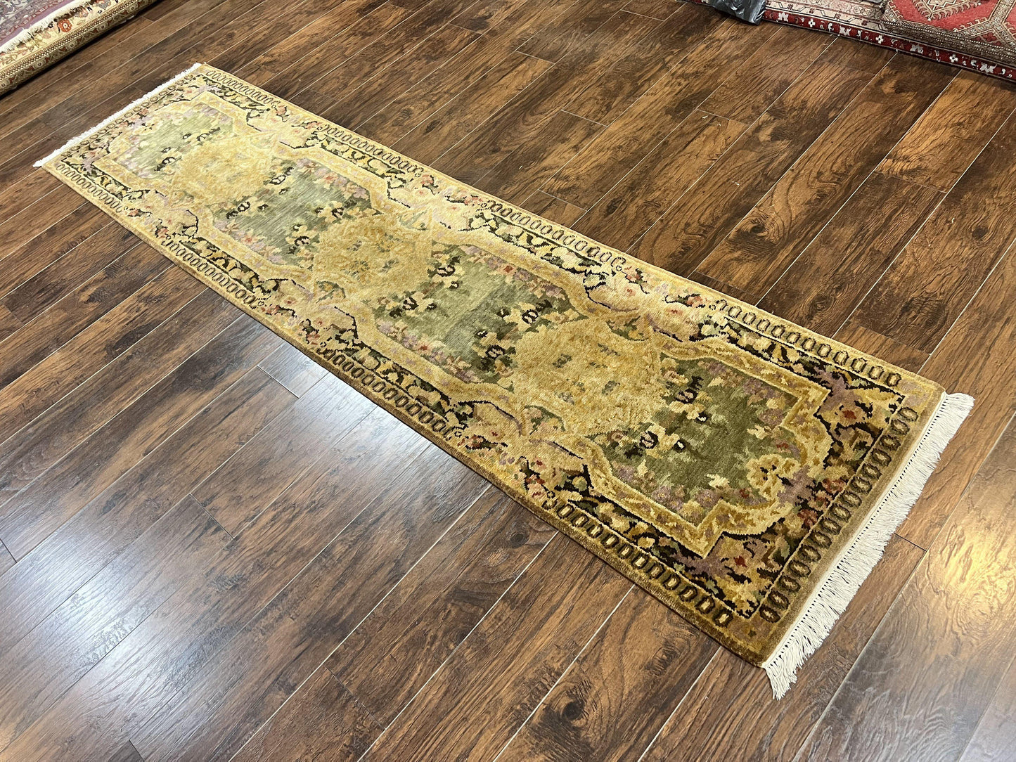Tibetan Runner Rug 2.6 x 10, French Aubusson Pattern, Gold Olive Green, Vintage Handmade European Design, Wool Hallway Rug - Nuvé