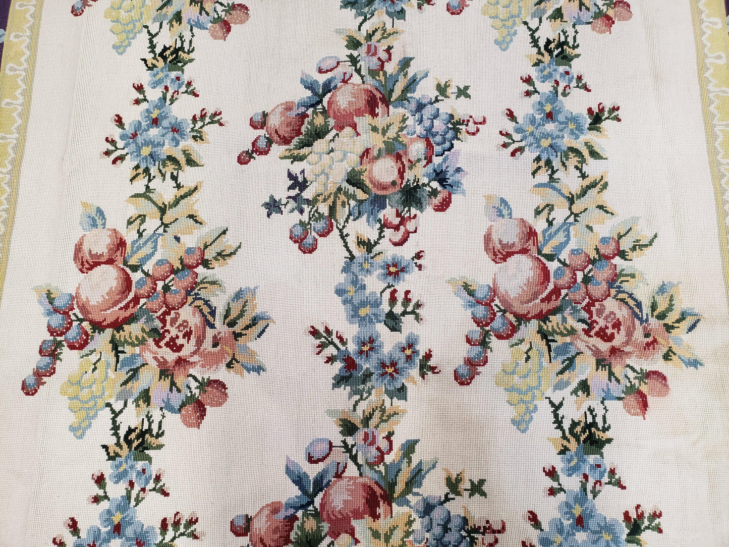 Vintage Chinese Floral Needlepoint Area Rug 6x9, Wool Hand-Woven Handmade Flatweave Rug, Ivory & Purple, Fruits Grapes Apples, Dining Room - Nuvé