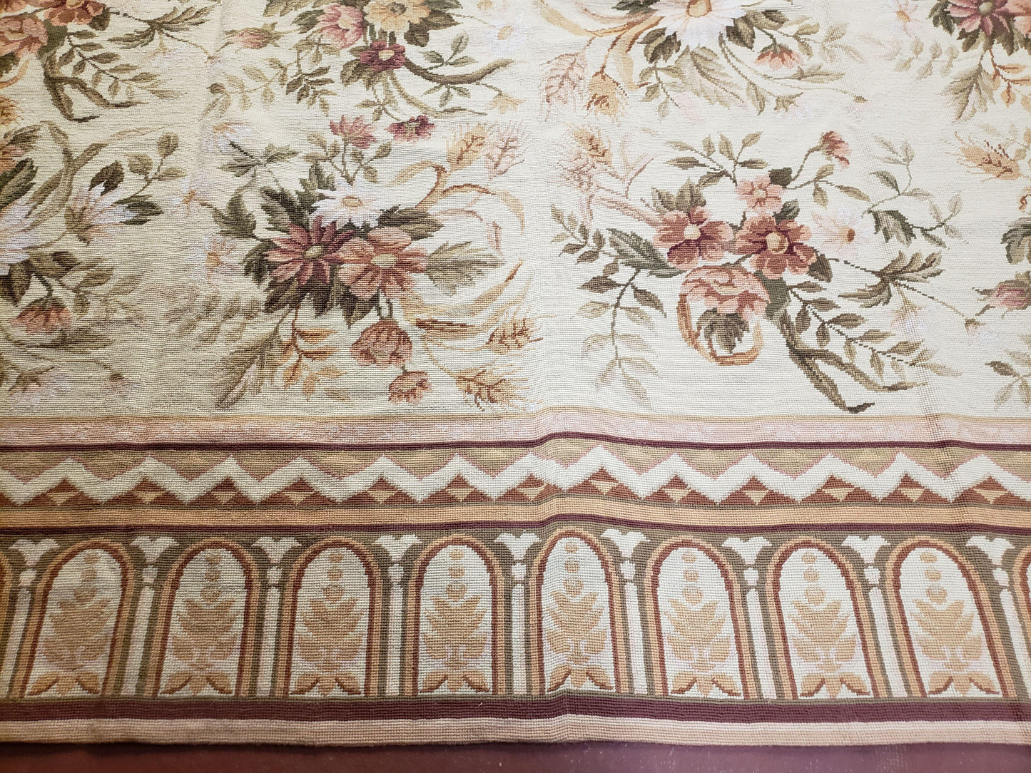 Needlepoint Rug 8x10 Aubusson Rug Victorian Floral Rug Handmade French Style French Decor Garden Panel Beige 8 x 10 Area Rug 100% Wool - Nuvé