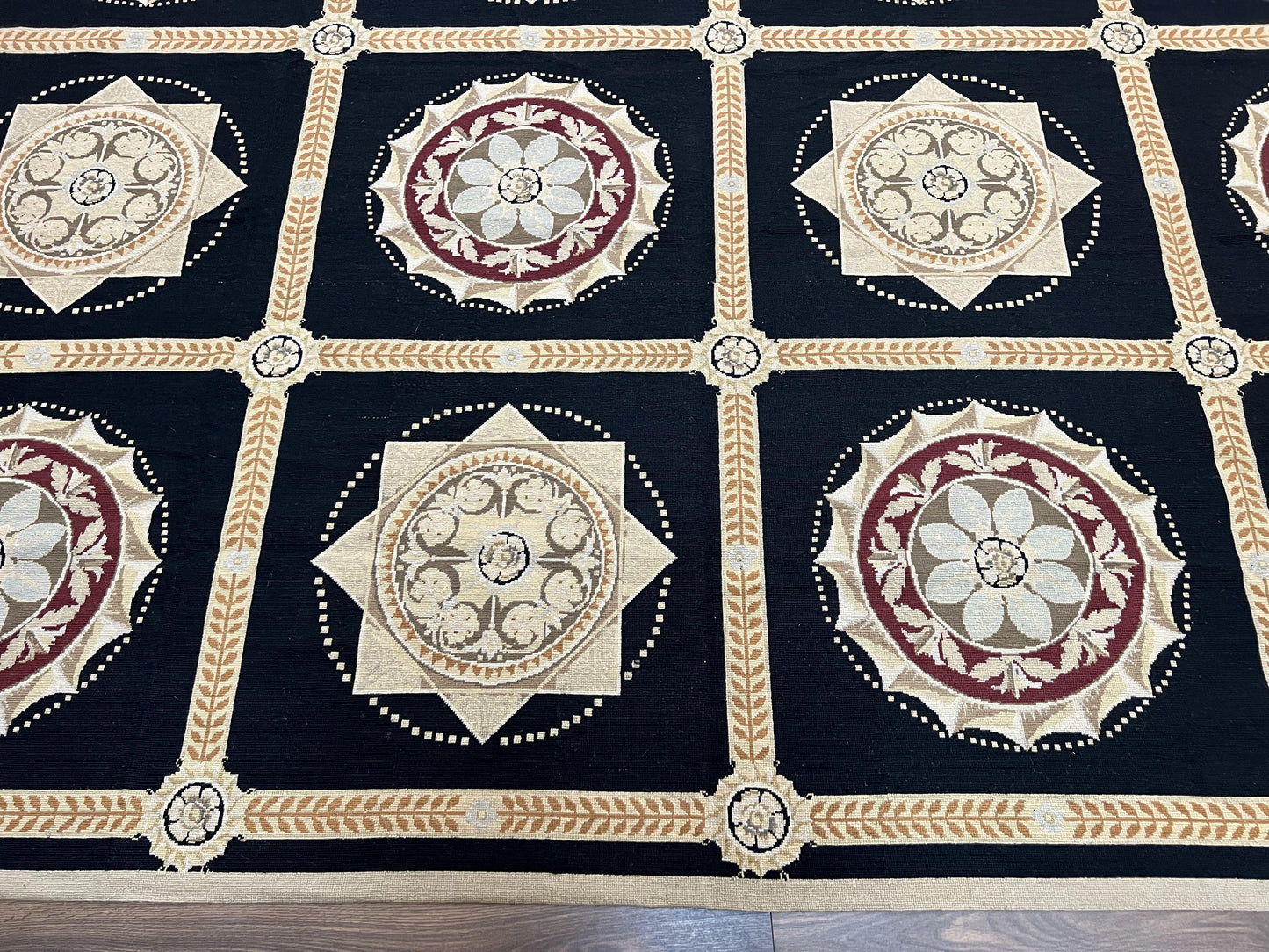 Large Needlepoint Rug 10x13, Panel Design, Black and Beige, Wool Needlepoint Carpet 10 x 13, English Garden, Handwoven Area Rug, Living Room - Nuvé