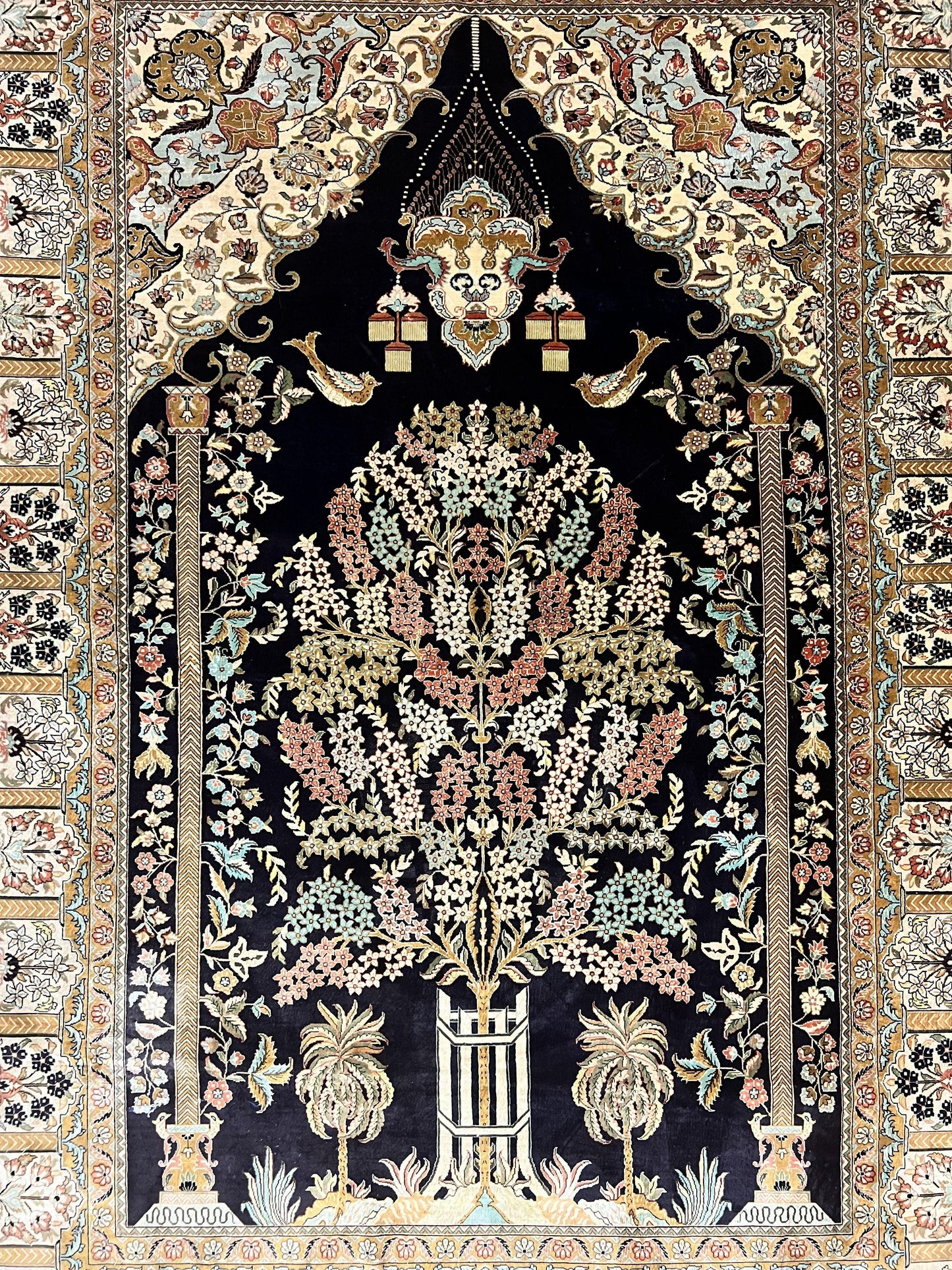 Wonderful Sino Persian Silk Rug 4x6, Tree of LIfe Design, Masterpiece 575 KPSI, Birds, Prayer Rug, Black, Silk on Silk - Nuvé