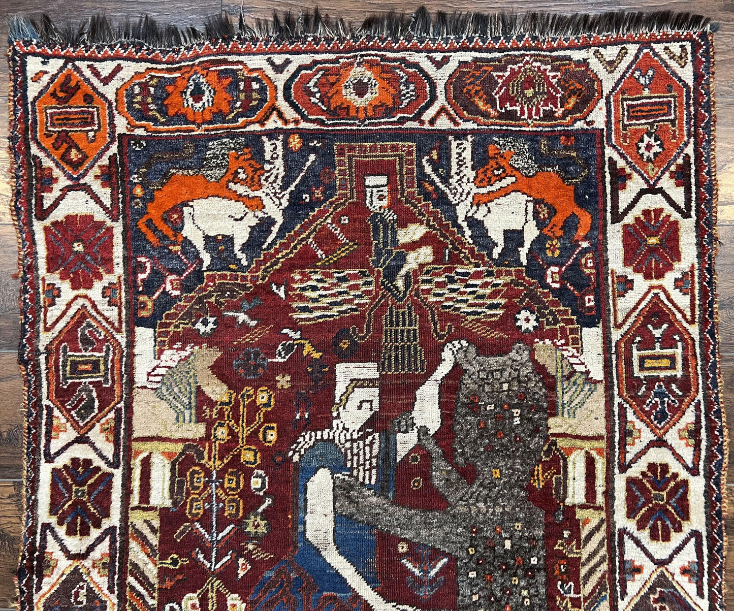 Antique Persian Shiraz Pictorial Rug 3.6 x 5, Persian Tribal Rug, Handmade, Lions, Highly Unique Collectible Small Persian Carpet, Maroon, Wool - Nuvé