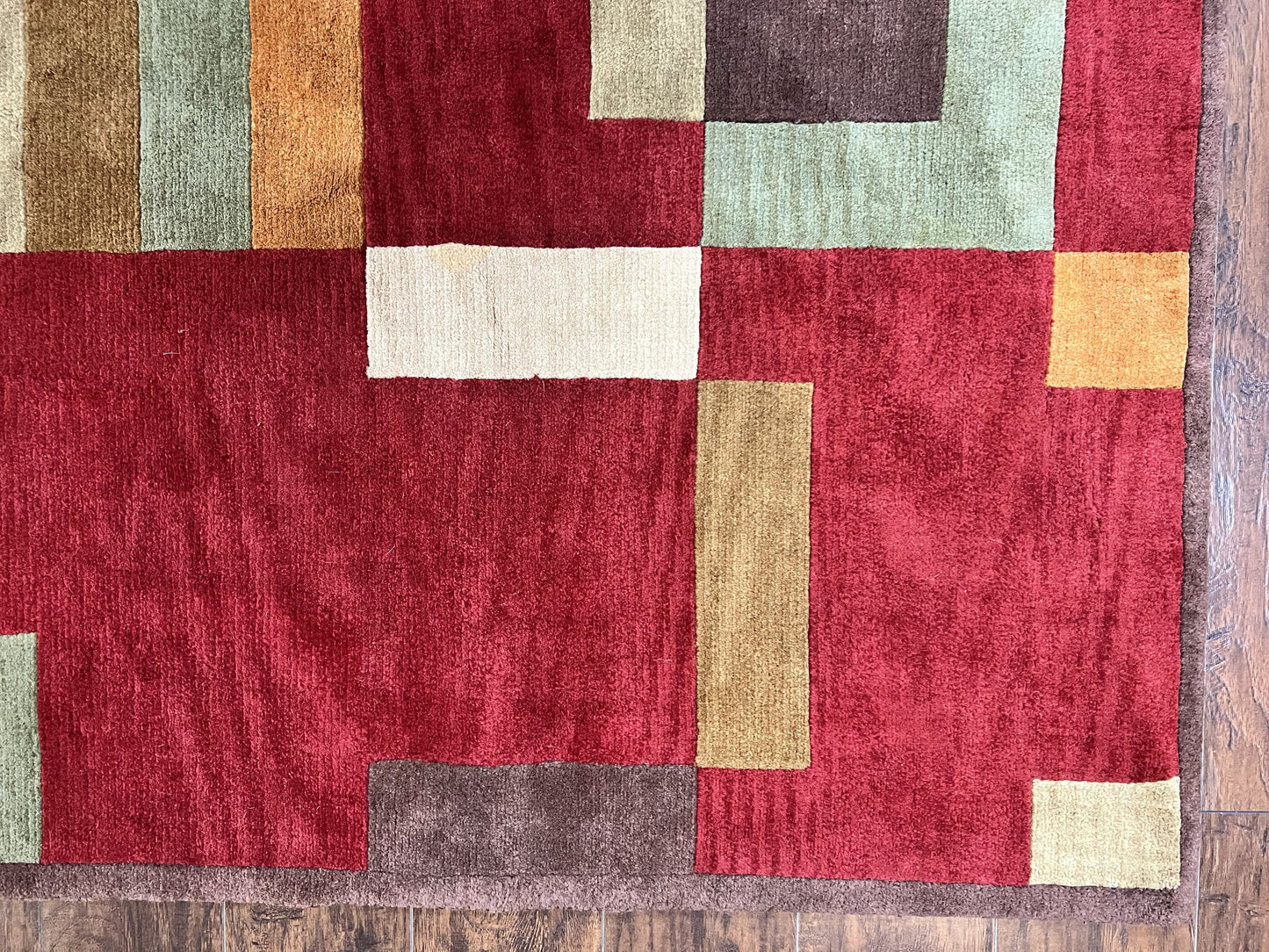 Indo Tibetan Modern Rug 5x8, Abstract Rug 5 x 8 ft, Red Multicolor Wool Handmade Contemporary Area Rug - Nuvé
