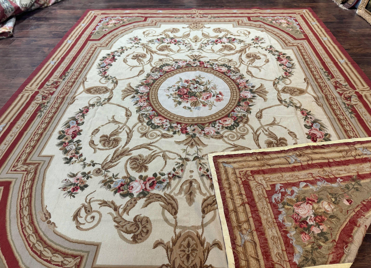 Aubusson Needlepoint Rug 9x11, Handmade Vintage Wool Flatweave Carpet, Elegant European Rug, Floral, Cream - Nuvé
