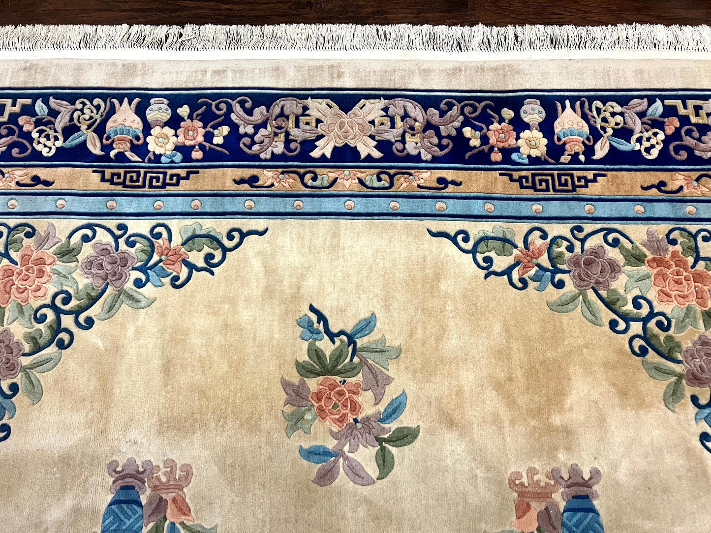 Chinese Wool Rug 8x11, Peking Asian Oriental Carpet, Cream/Ivory and Blue, Vintage Handmade Rug, Art Deco Rug - Nuvé