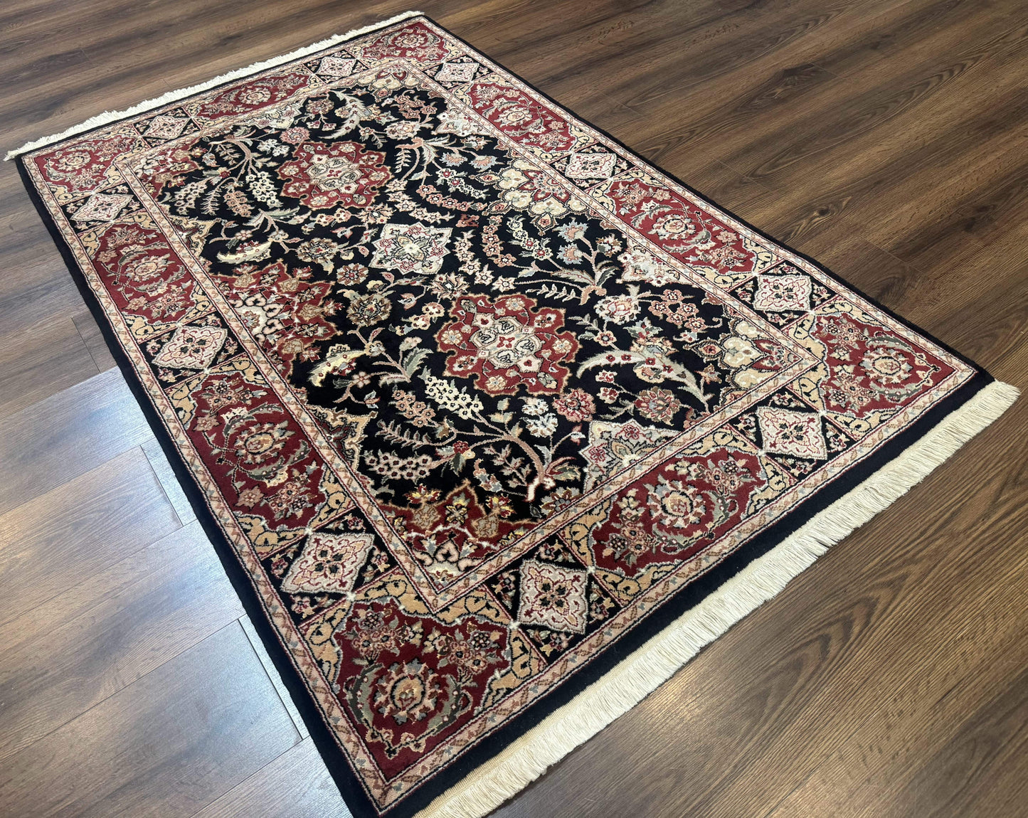 Pak Persian Rug 4x6, Black and Burgundy, Floral Allover, Wool and Silk - Nuvé