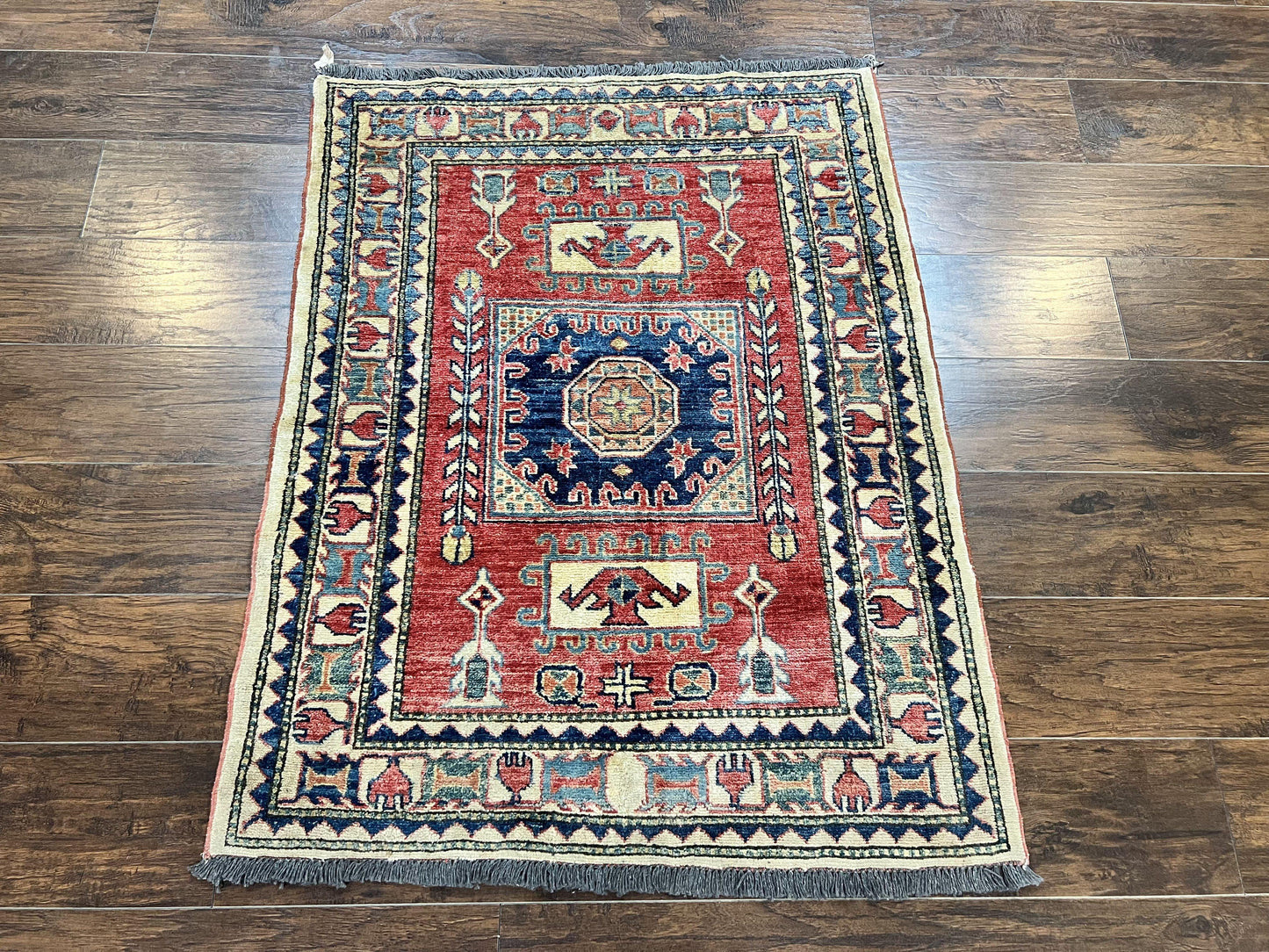Turkish Kazak Rug 3x4, Wool Hand Knotted Small Vintage Carpet, Red Navy Blue, 3 x 4 Oriental Rug, Geometric Design - Nuvé