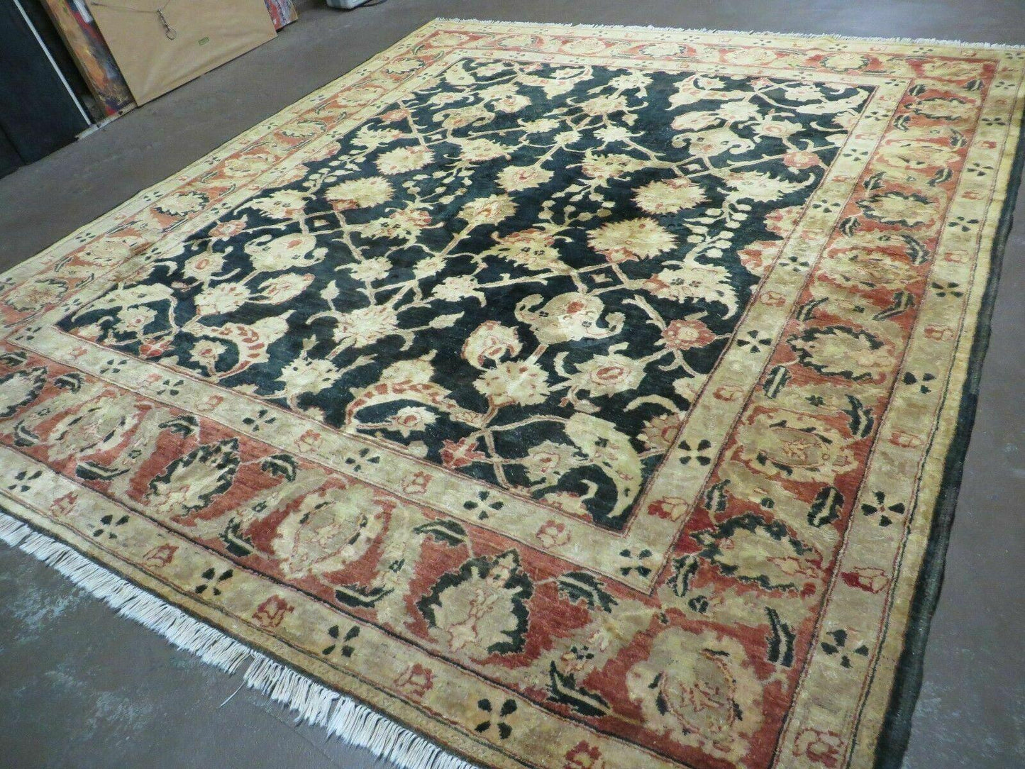 8' X 9' Handmade Pakistan Wool Cotton Rug Peshawar Black Floral Nice # 200C - Nuvé