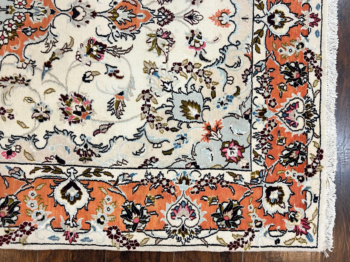 Persian Tabriz Rug 4.5 x 6.8, Finely Hand Knotted Wool with Silk Highlights Vintage Oriental Carpet, Cream and Salmon, High KPSI, Floral Medallion - Nuvé