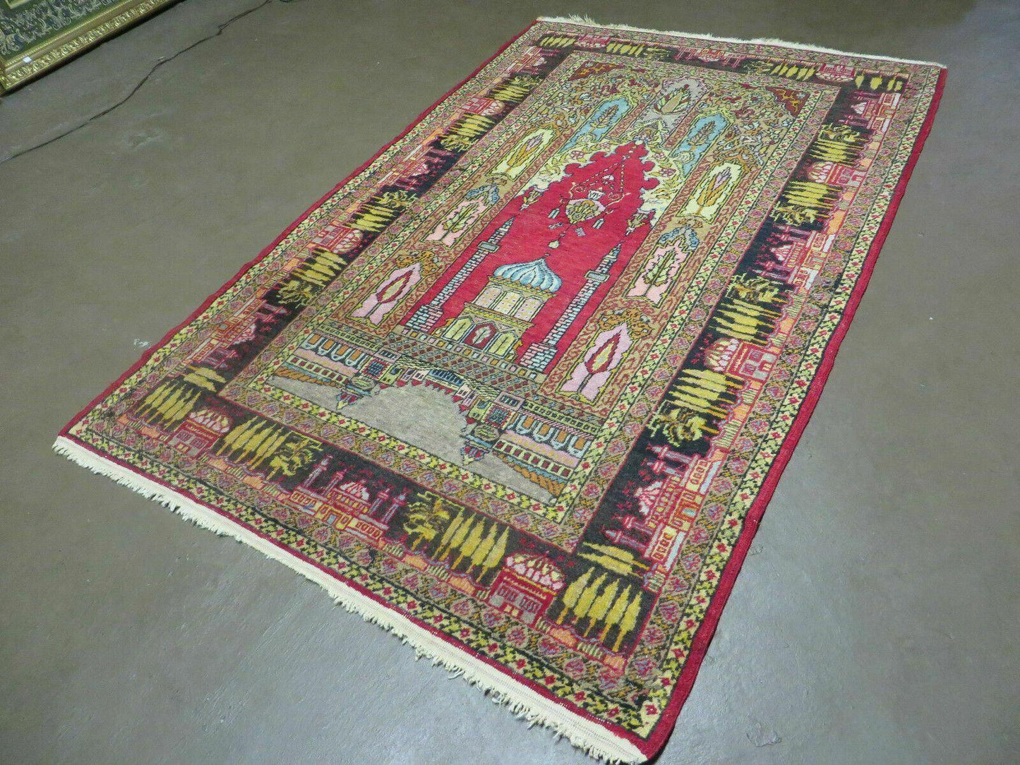 4' X 6' Antique 1920s Handmade Turkish Mehrab Design Wool Rug Lantern Beautiful - Nuvé