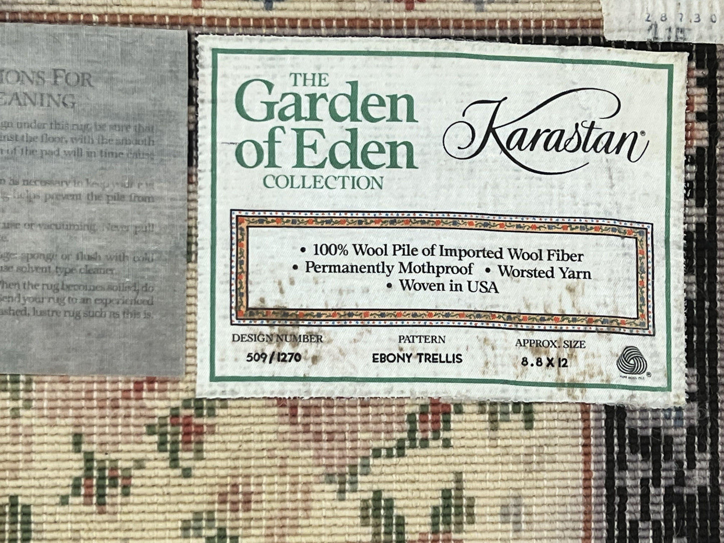 Karastan Rug 8.8 x 12, Garden of Eden #509/1270, Ebony Trellis, Vintage Discontinued Wool Pile Karastan Carpet - Nuvé