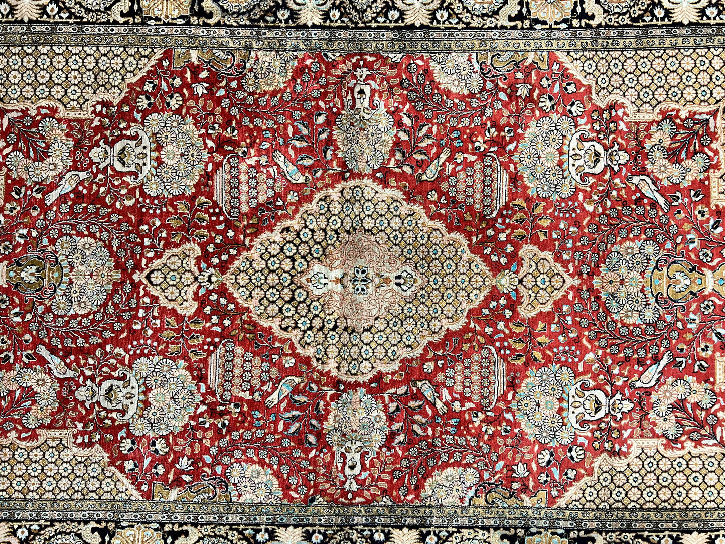 Wonderful Persian Silk Rug 5x7, Birds Floral Vases, Red, Hand Knotted Silk Fine Oriental Carpet, Handmade Vintage, Persian Qum Rug, 400 KPSI - Nuvé