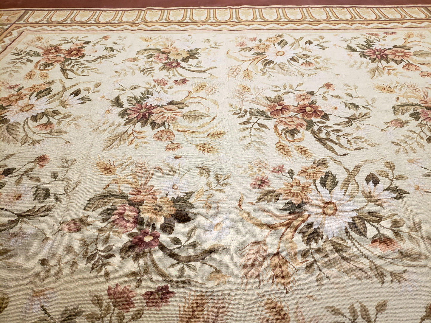 Needlepoint Rug 8x10 Aubusson Rug Victorian Floral Rug Handmade French Style French Decor Garden Panel Beige 8 x 10 Area Rug 100% Wool - Nuvé