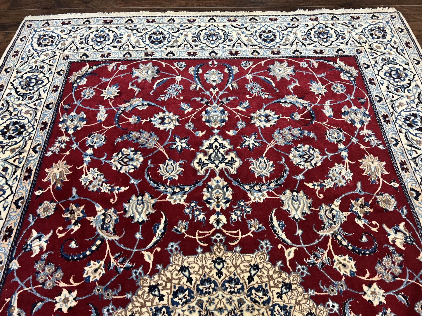 Persian Nain Rug 6x10, Wool and Silk Highlights, Red and Ivory, Floral Medallion, Vintage Handmade Hand Knotted, Fine 225 KPSI, Traditional Rug - Nuvé