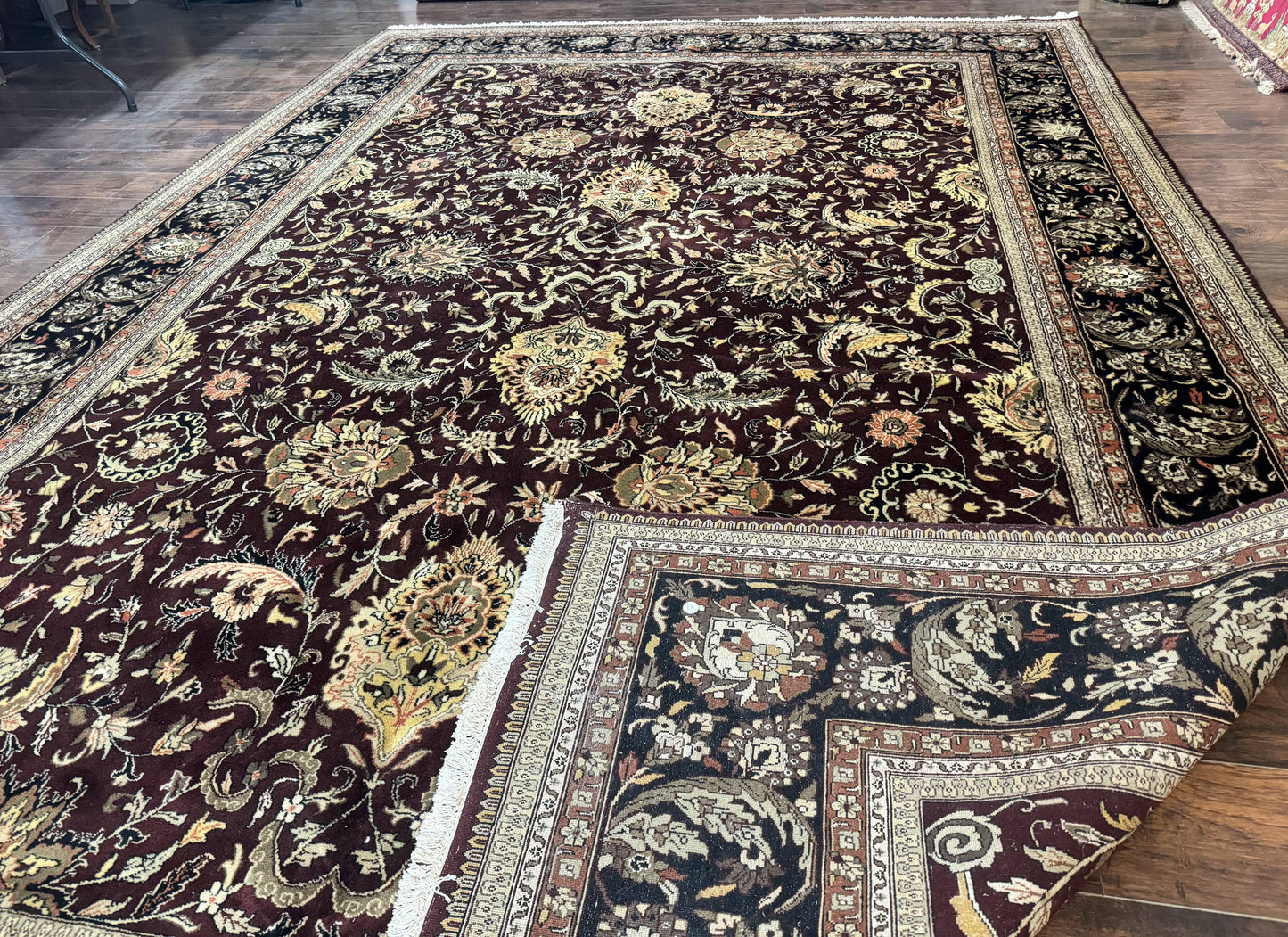 Indo Persian Rug 10x14, Floral Allover, Handmade Vintage Wool Rug, Dark Maroon/Plum and Black - Nuvé