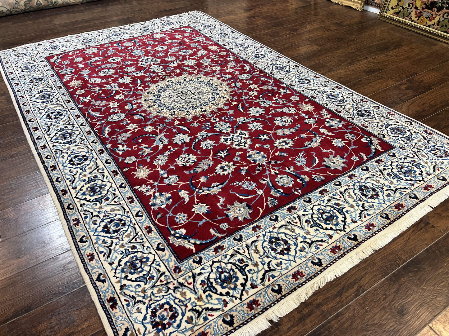 Persian Nain Rug 6x10, Wool and Silk Highlights, Red and Ivory, Floral Medallion, Vintage Handmade Hand Knotted, Fine 225 KPSI, Traditional Rug - Nuvé