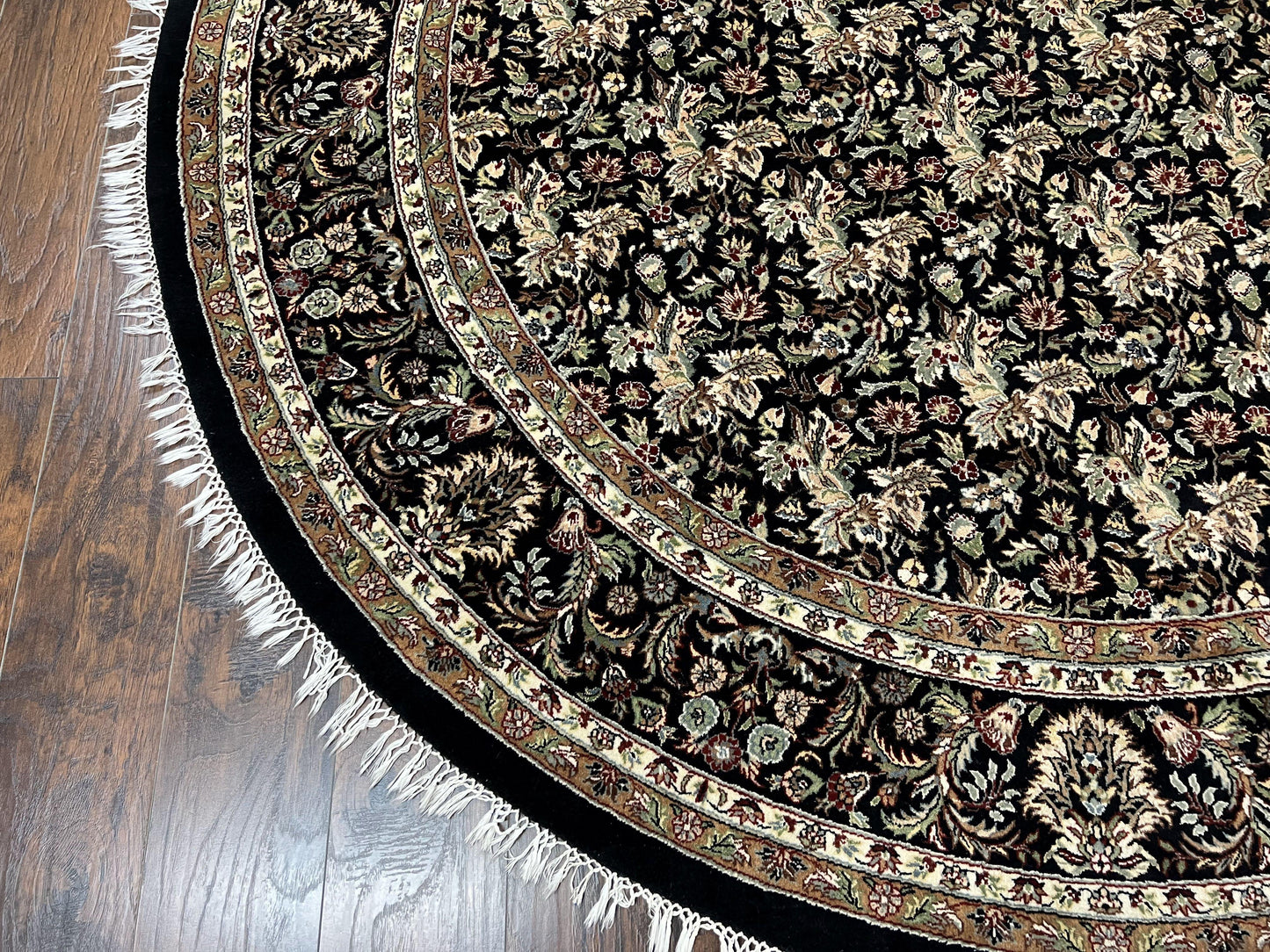 Round Oriental Rug 8x8 ft, William Morris Floral Pattern Carpet, 8 x 8 ft Round Rug, Black Cream and Tan 8ft Round Handmade Indo Persian Rug - Nuvé