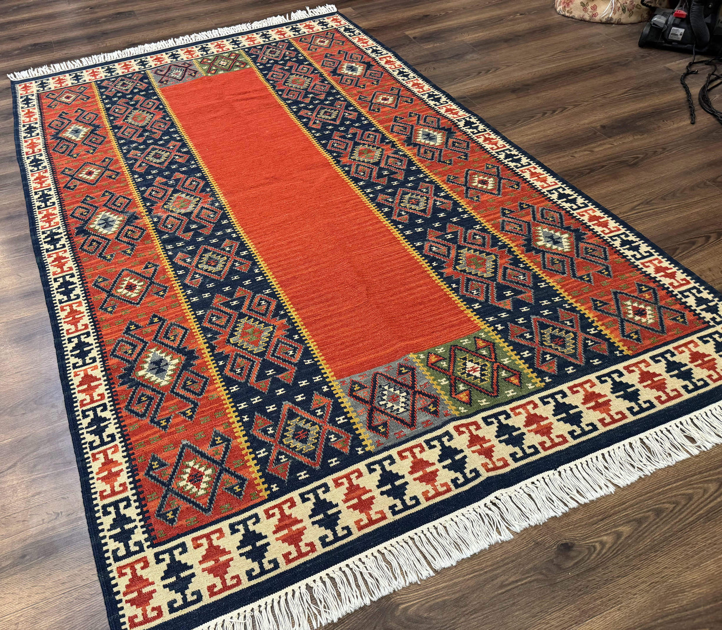 Turkish Kilim Rug 5x8, Flatweave Carpet, Handmade Bohemian Rug, Terracotta and Navy Blue - Nuvé