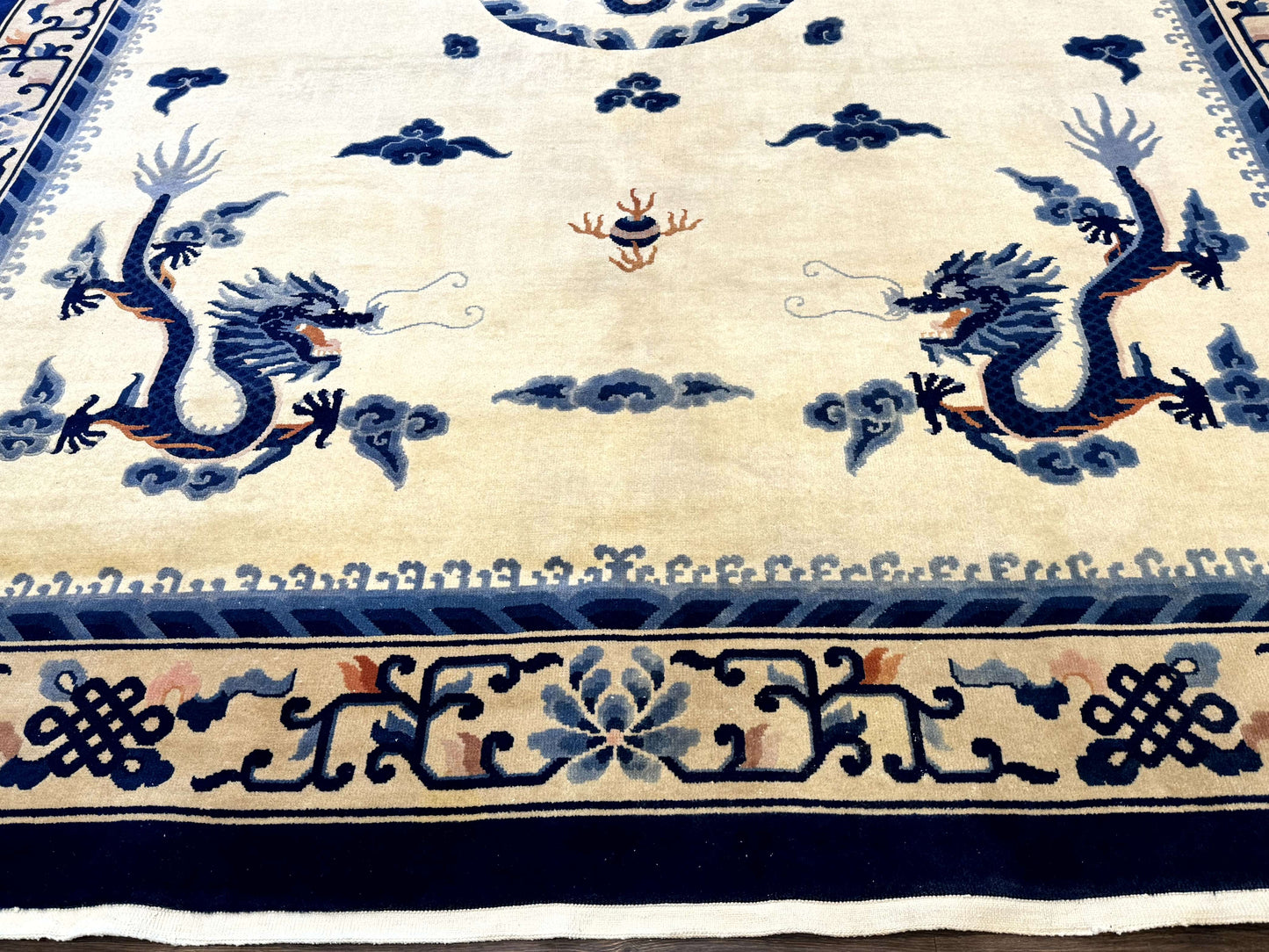 Chinese Dragon Peking Rug 8 x 11.6, Ivory and Blue, Chinese Wool Rug, Vintage - Nuvé