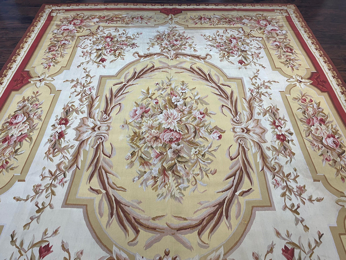 Aubusson Rug 9x12, Elegant Flatweave Savonnerie Carpet 9 x 12 ft, Ivory Light Yellow Red, Handmade Wool Flatweave French European Rug