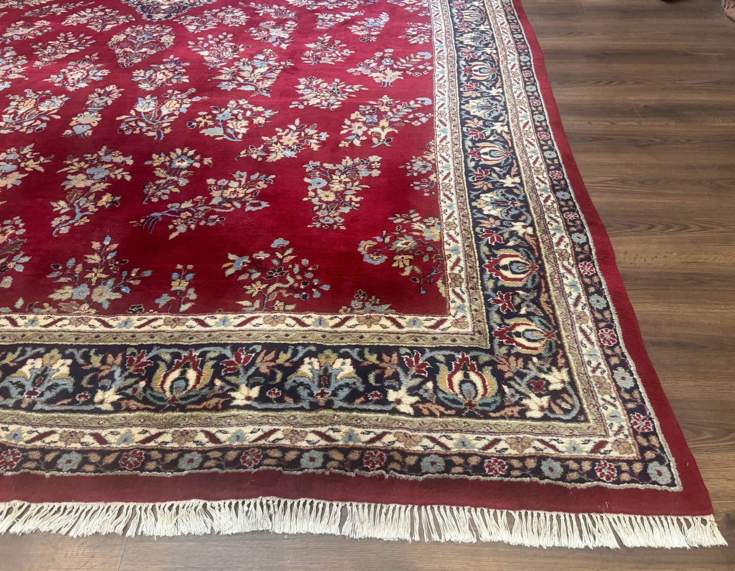 Indo Persian Sarouk Rug 10x14, Large Red and Navy Blue Carpet, Traditional Floral Wool Rug - Nuvé