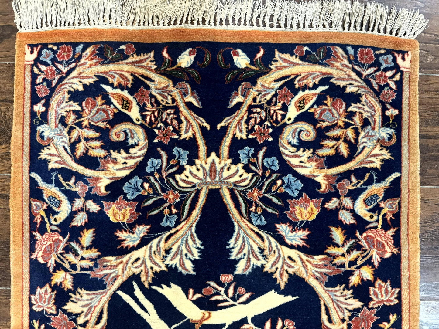 Persian Isfahan Rug 2x4, Birds, Navy Blue, Kork Wool on Silk Foundation, 460 KPSI - Nuvé