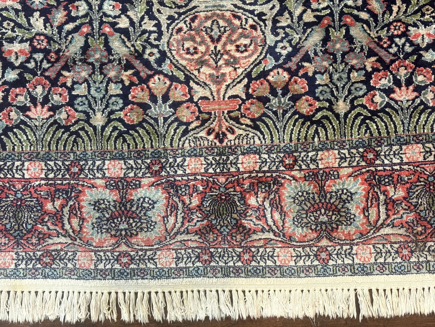 Silk Indian Kashmiri Rug 4x6, Tree of Life Pattern, Birds, Fine 290 KPSI, Navy Blue and Red, Handmade Oriental Carpet - Nuvé