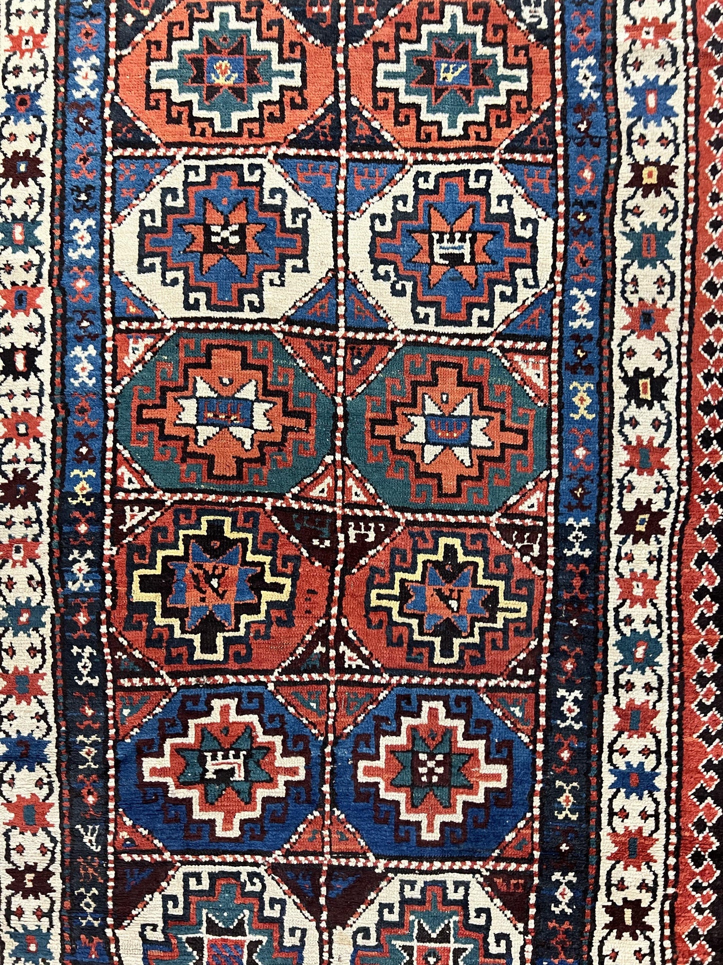Antique Caucasian Kazak Runner Rug 4 x 9.5, Handmade Wool Rug for Hallway, Rare Colorful Panel Design Mid 19th Century 1870s Oriental Carpet - Nuvé