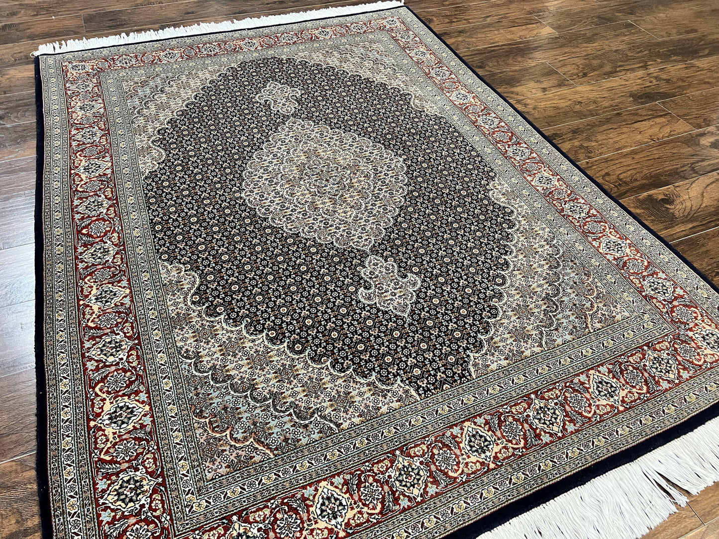 Persian Tabriz Rug 5x7, Wool with Silk Highlights, Hand Knotted Vintage Oriental Carpet, Very Fine, Herati Mahi Pattern, Black, Rare - Nuvé