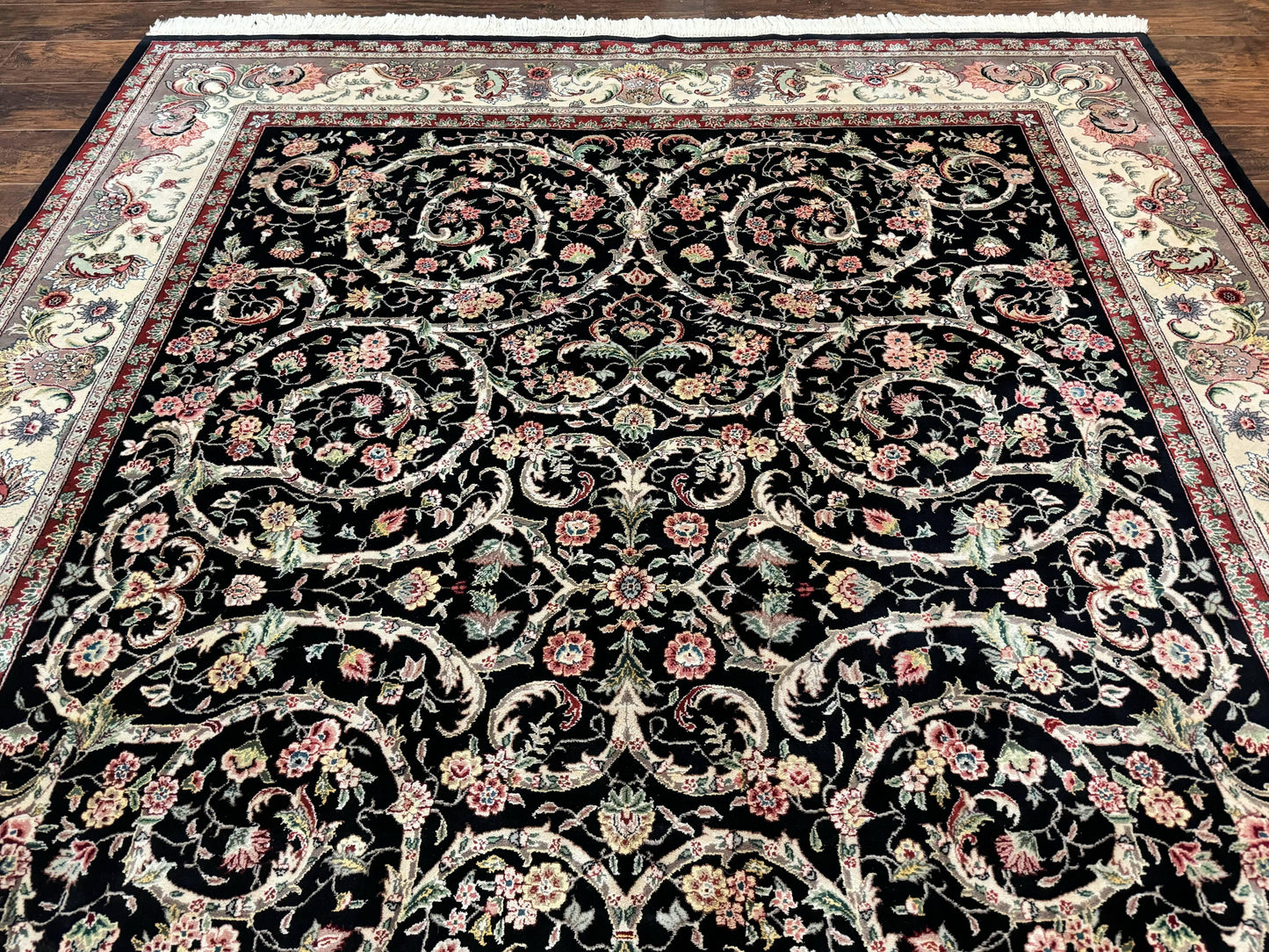 Black Pak Persian Rug 8x11, Floral Pattern, Hand Knotted Vintage Wool Rug with Silk Highlights, Fine 200 KPSI - Nuvé