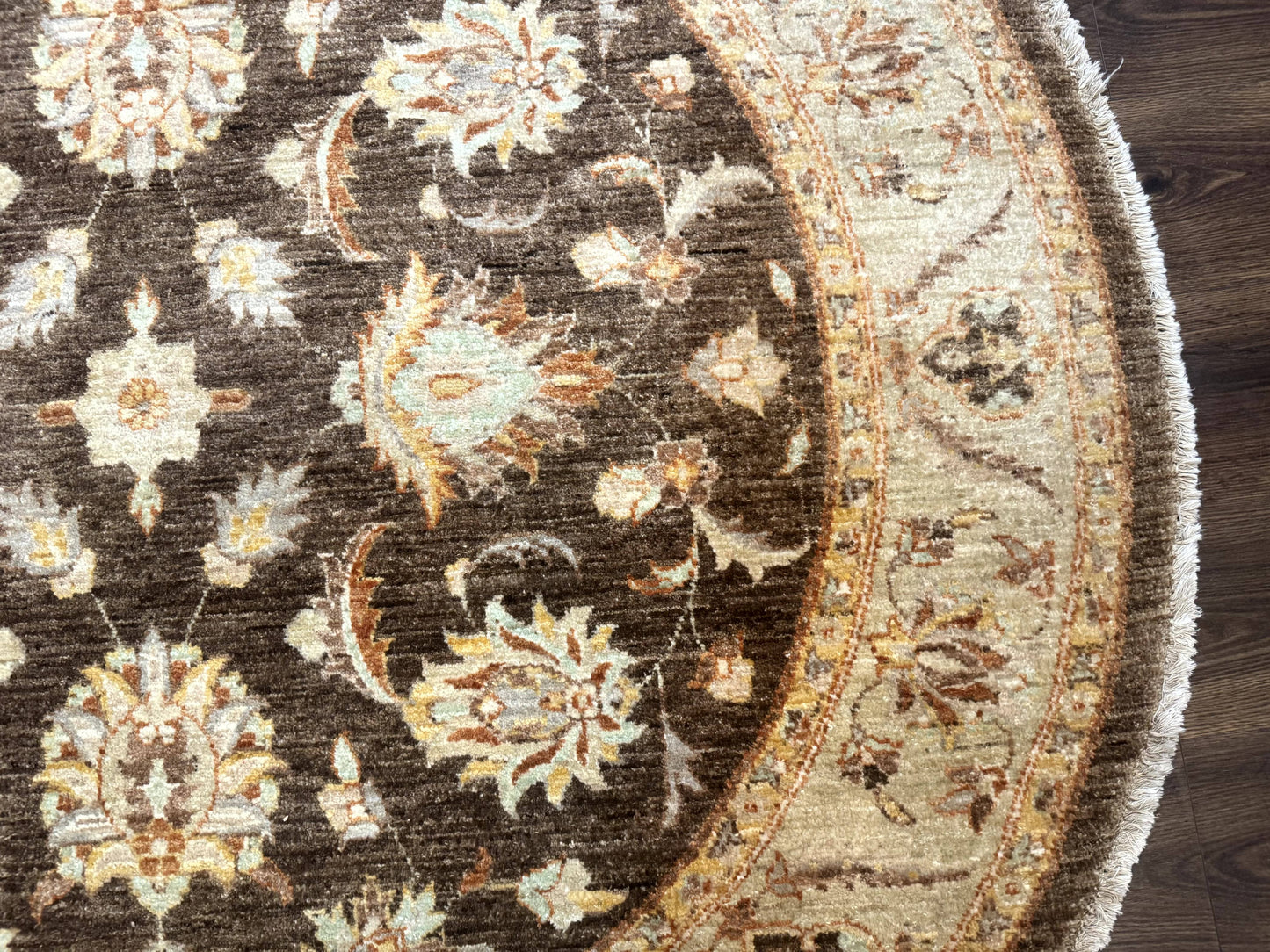 Round Pakistani Rug 6x6, Brown and Beige, Floral, Peshawar Rug, Traditional - Nuvé